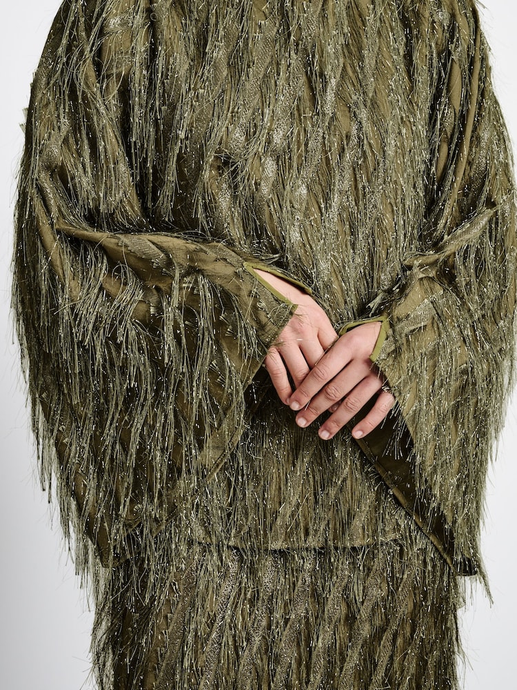 Green Sparkle Fringe Long Sleeve Tie Back Blouse - Image 5 of 9