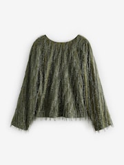 Green Sparkle Fringe Long Sleeve Tie Back Blouse - Image 6 of 9