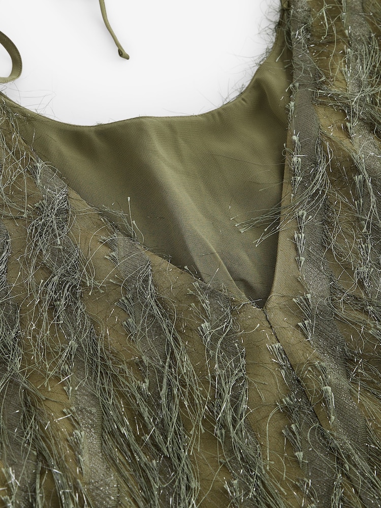 Green Sparkle Fringe Long Sleeve Tie Back Blouse - Image 7 of 9
