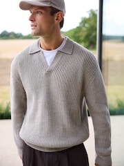 Ecru White Polo Neck Regular Fit Rib Texture Jumper with Wool - Image 1 of 8