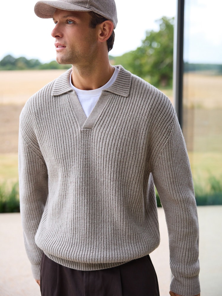 Ecru White Polo Neck Regular Fit Rib Texture Jumper with Wool - Image 1 of 8 Ecru White Polo Neck Regular Fit Rib Texture Jumper with Wool - Image 1 of 8