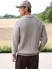 Ecru White Polo Neck Regular Fit Rib Texture Jumper with Wool - Image 3 of 8