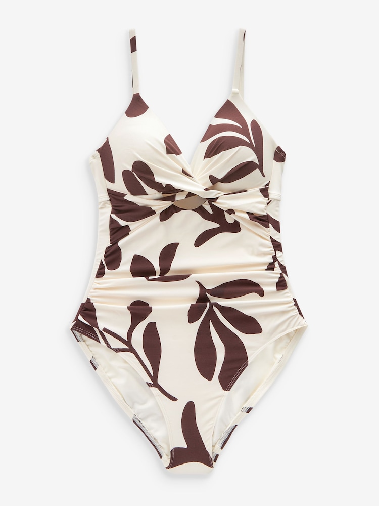 Brown/Cream Floral Cutout Tummy Shaping Control Swimsuit - Image 7 of 7