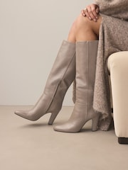 Neutral Leather Premium Knee High Heeled Boots - Image 1 of 7