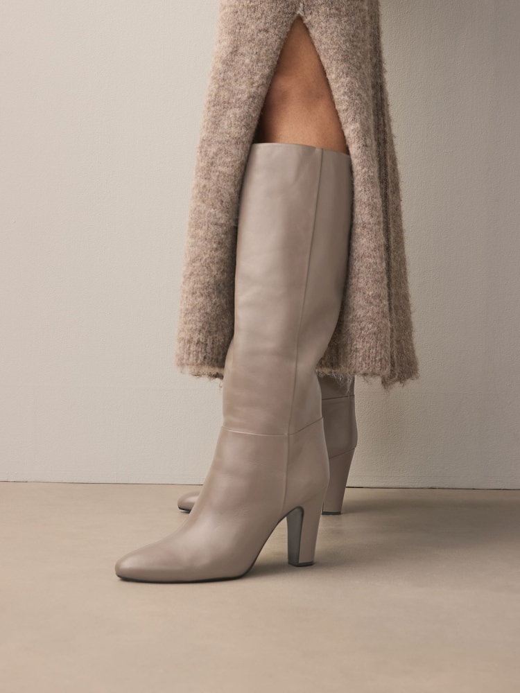 Neutral Leather Premium Knee High Heeled Boots - Image 2 of 7