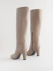 Neutral Leather Premium Knee High Heeled Boots - Image 5 of 7