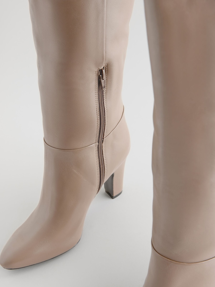 Neutral Leather Premium Knee High Heeled Boots - Image 7 of 7