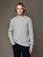 Light Grey Crew Neck Regular Fit Premium Lambswool Blend Rib Texture Jumper - Image 1 of 8
