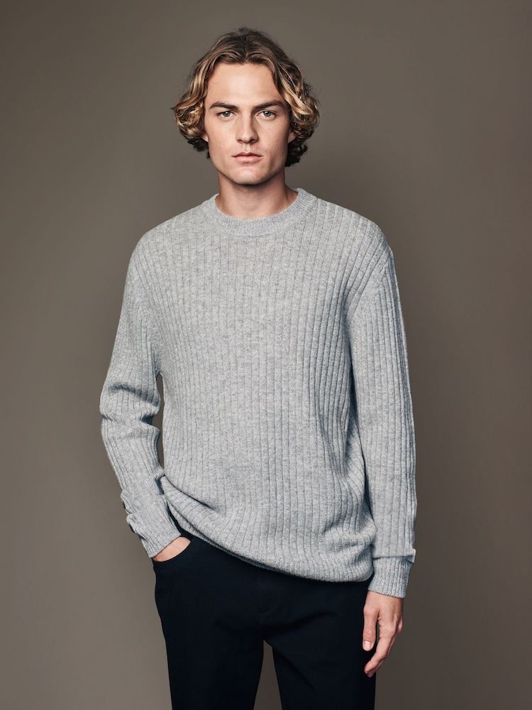 Light Grey Crew Neck Regular Fit Premium Lambswool Blend Rib Texture Jumper - Image 1 of 8