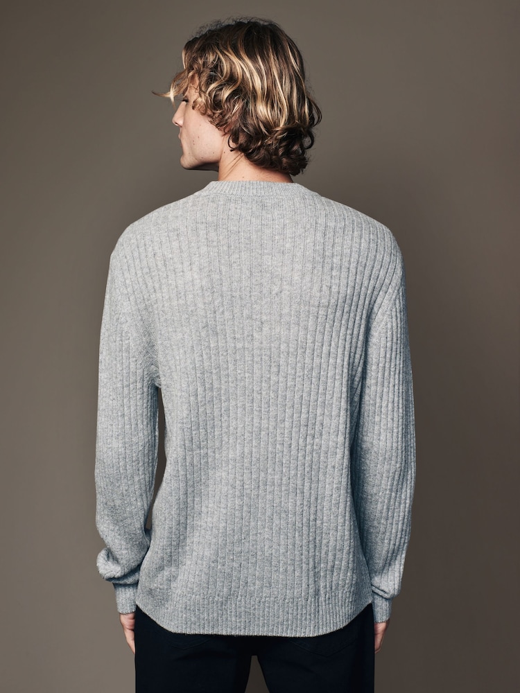 Light Grey Crew Neck Regular Fit Premium Lambswool Blend Rib Texture Jumper - Image 2 of 8