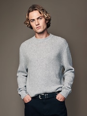 Light Grey Crew Neck Regular Fit Premium Lambswool Blend Rib Texture Jumper - Image 4 of 8