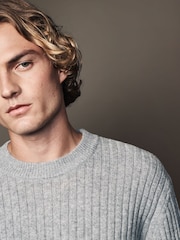 Light Grey Crew Neck Regular Fit Premium Lambswool Blend Rib Texture Jumper - Image 5 of 8