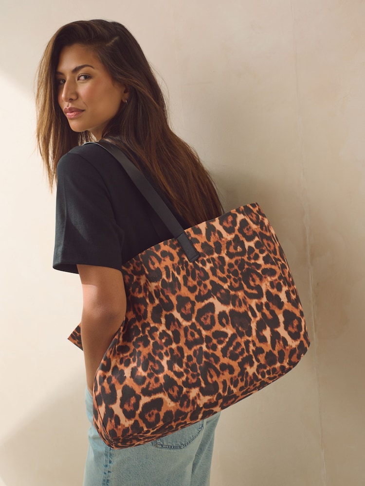 Tan Animal Print Beach 100% Cotton Bag - Image 1 of 8 Tan Animal Print Beach 100% Cotton Bag - Image 1 of 8