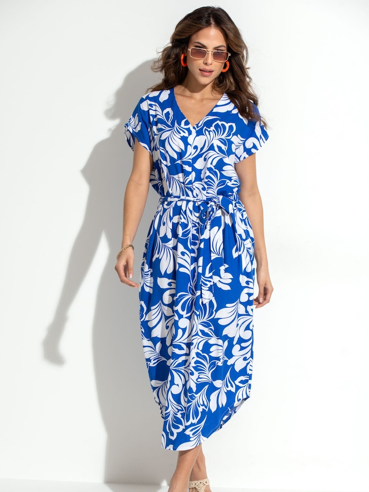 Pour Moi Blue Viscose Belted Beach Kaftan Dress - Image 1 of 4