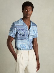 Reiss Navy/White Nico Satin Floral Cuban Collar Shirt - Image 1 of 6