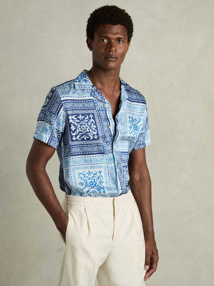 Reiss Navy/White Nico Satin Floral Cuban Collar Shirt - Image 1 of 6
