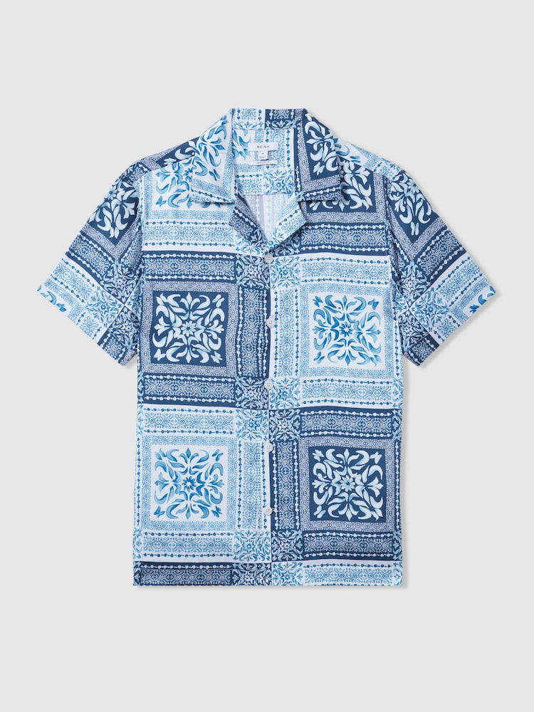 Reiss Navy/White Nico Satin Floral Cuban Collar Shirt - Image 2 of 6