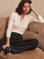 Neutral/Ecru Long Sleeve Double Collar Henley Top - Image 1 of 7