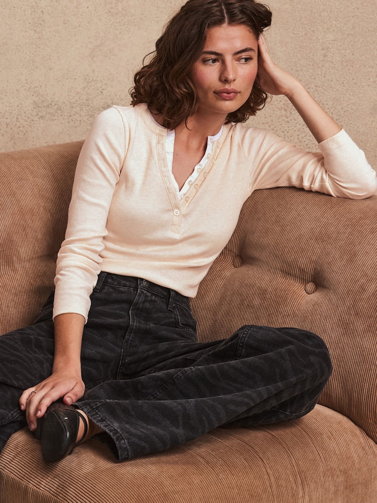 Neutral/Ecru Long Sleeve Double Collar Henley Top - Image 1 of 7