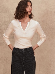 Neutral/Ecru Long Sleeve Double Collar Henley Top - Image 2 of 7