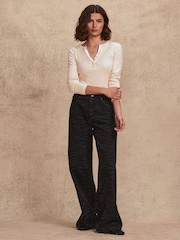 Neutral/Ecru Long Sleeve Double Collar Henley Top - Image 4 of 7