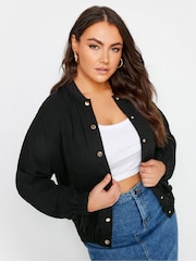 Yours Curve Black Button Up Bomber Jacket - Image 1 of 5