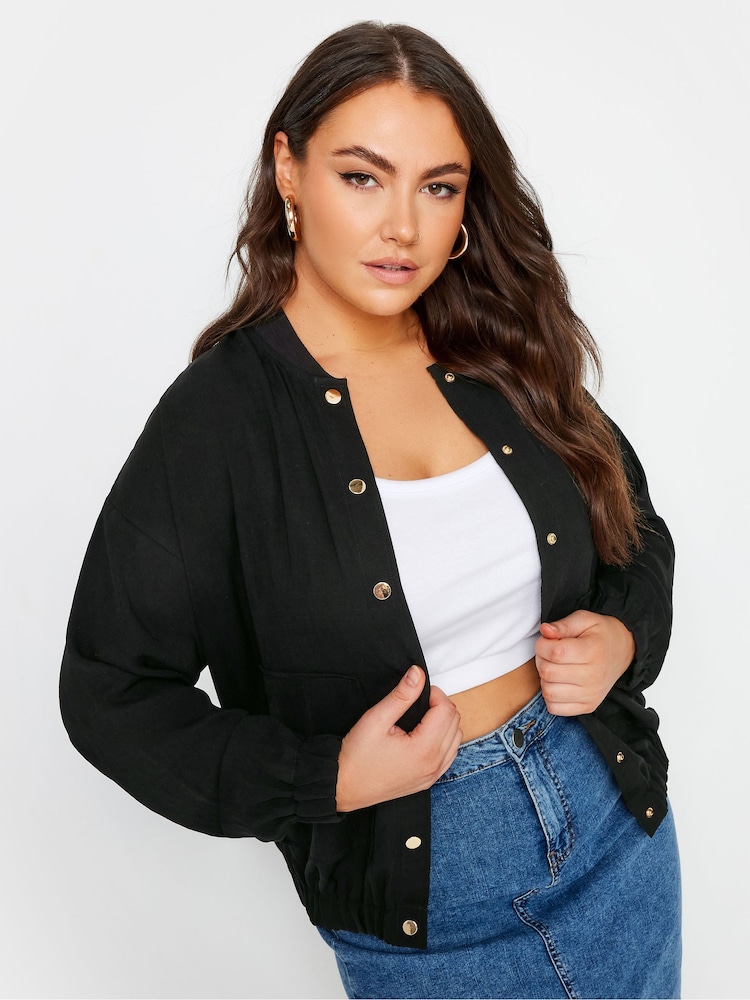 Yours Curve Black Button Up Bomber Jacket - Image 1 of 5