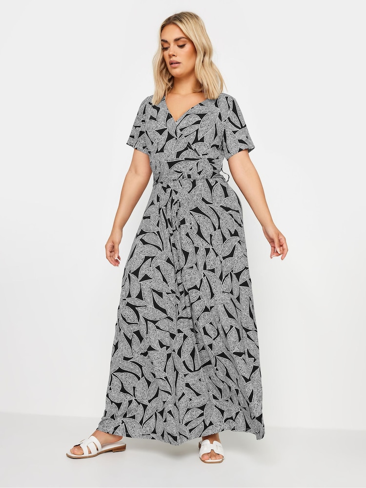 Yours Curve Black Leaf Print Tie Maxi Dress - Image 1 of 5