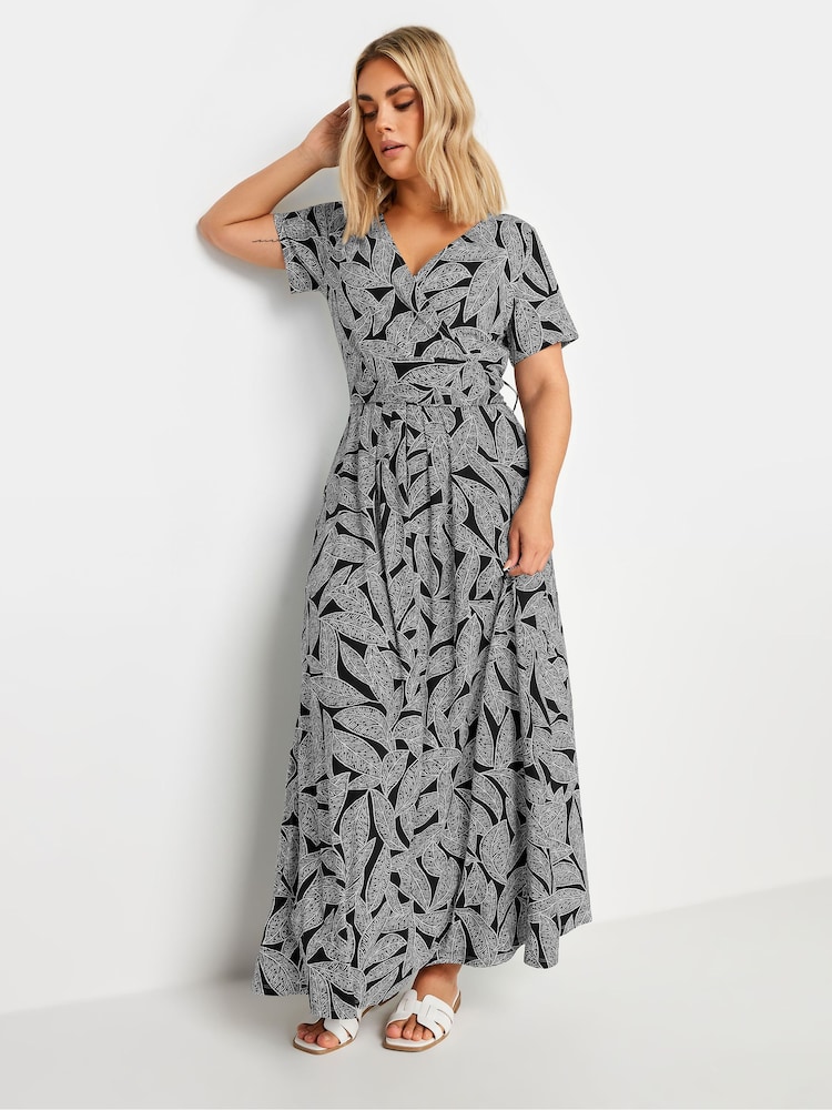 Yours Curve Black Leaf Print Tie Maxi Dress - Image 2 of 5