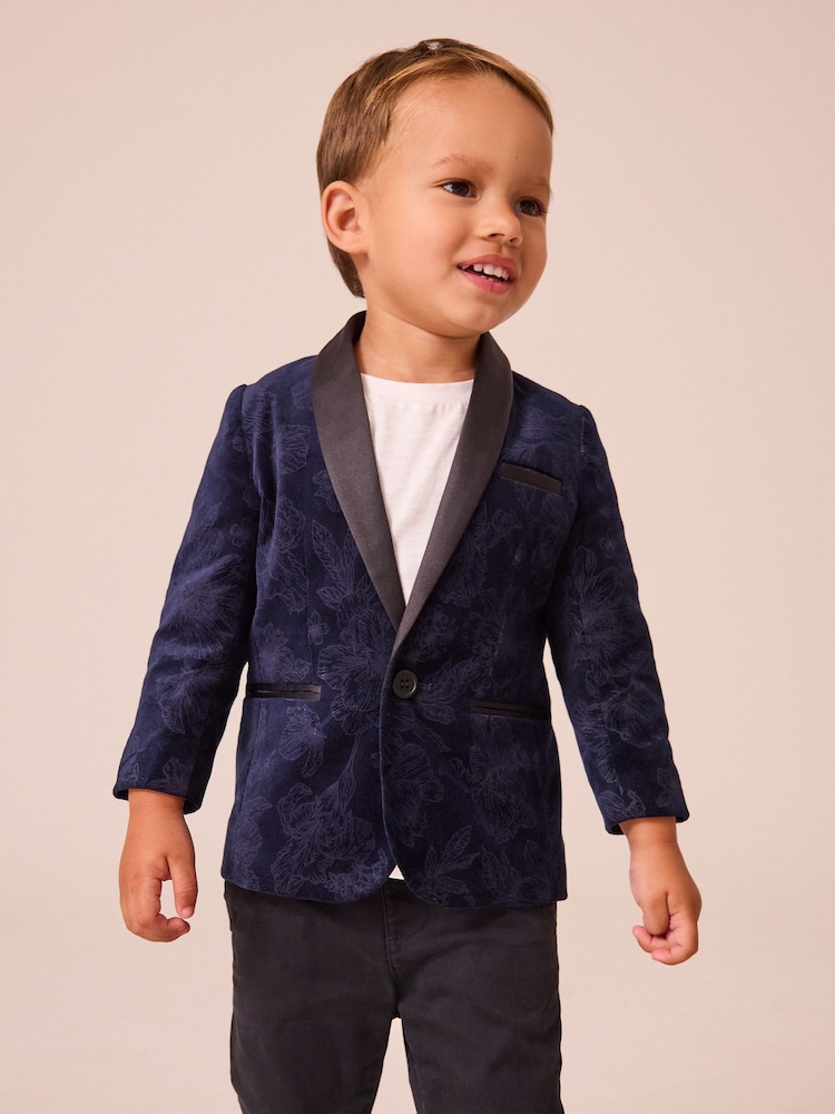 Navy Blue Floral Velvet 100% Cotton Blazer (3mths-9yrs) - Image 1 of 9
