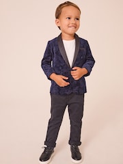 Navy Blue Floral Velvet 100% Cotton Blazer (3mths-9yrs) - Image 2 of 9