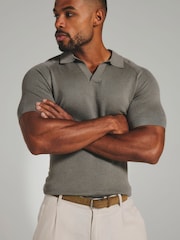 Tailored Athlete Grey Muscle Fit Square Textured Knitted Open Collar Polo Shirt - Image 1 of 6