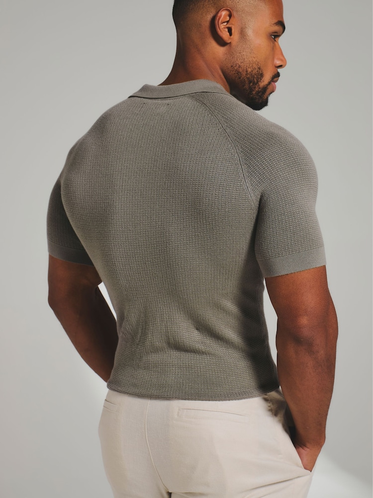 Tailored Athlete Grey Muscle Fit Square Textured Knitted Open Collar Polo Shirt - Image 2 of 6 Tailored Athlete Grey Muscle Fit Square Textured Knitted Open Collar Polo Shirt - Image 2 of 6