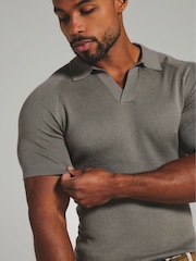 Tailored Athlete Grey Muscle Fit Square Textured Knitted Open Collar Polo Shirt - Image 5 of 6