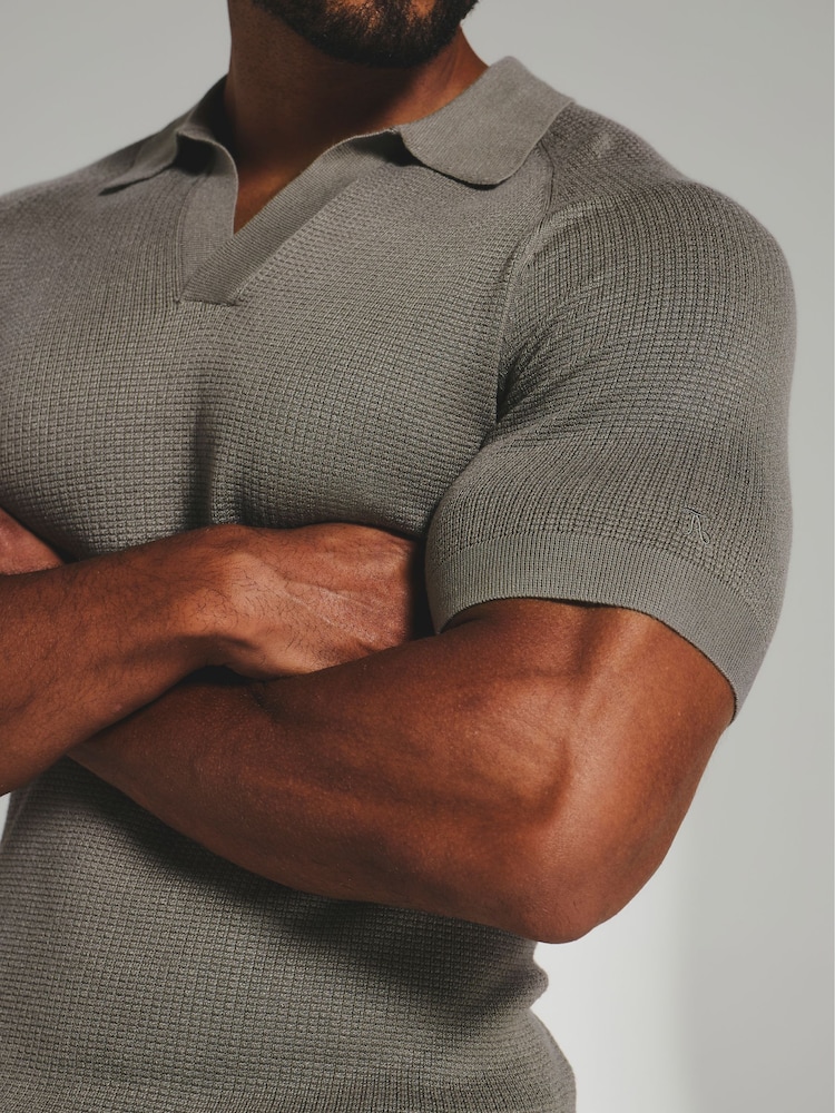 Tailored Athlete Grey Muscle Fit Square Textured Knitted Open Collar Polo Shirt - Image 6 of 6 Tailored Athlete Grey Muscle Fit Square Textured Knitted Open Collar Polo Shirt - Image 6 of 6