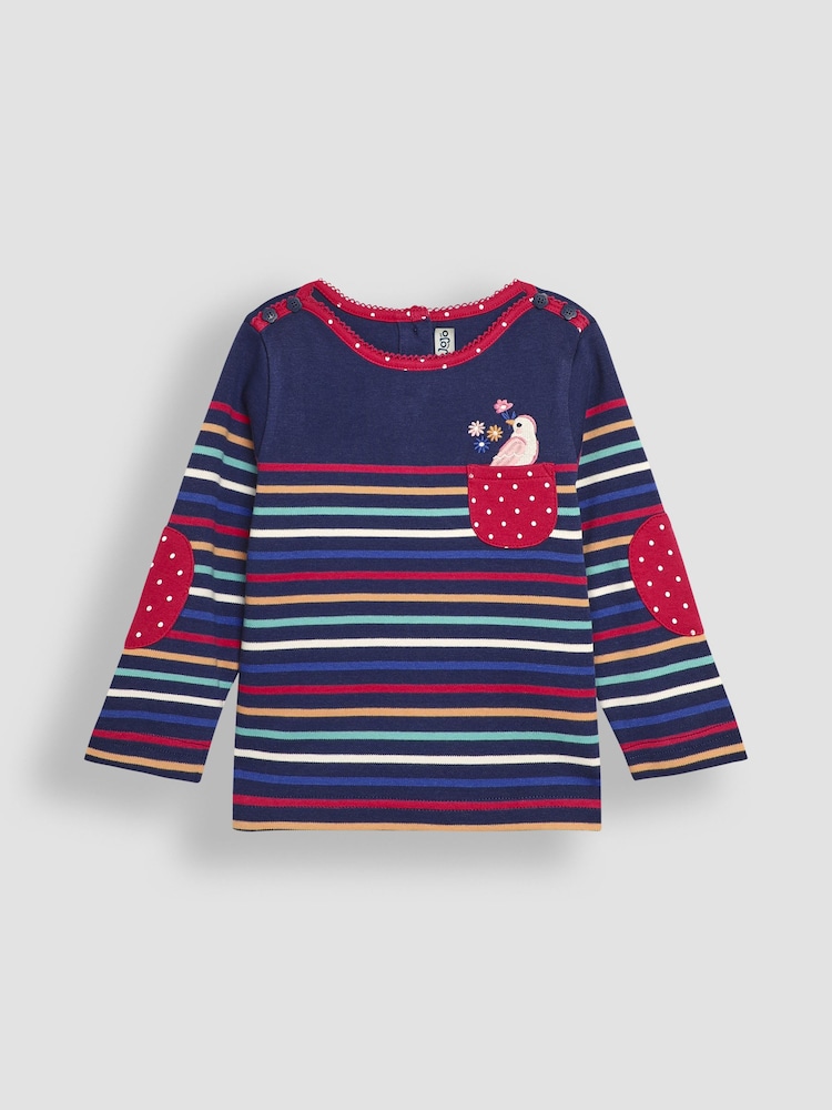 JoJo Maman Bébé Navy Blue Bird Cotton Long Sleeve Pocket Breton Top - Image 1 of 3