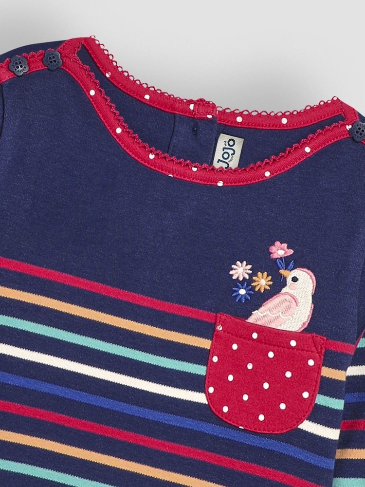 JoJo Maman Bébé Navy Blue Bird Cotton Long Sleeve Pocket Breton Top - Image 3 of 3