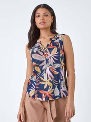 Roman Blue Leaf Print Shimmer Stripe Vest Top - Image 4 of 5