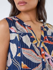 Roman Blue Leaf Print Shimmer Stripe Vest Top - Image 5 of 5