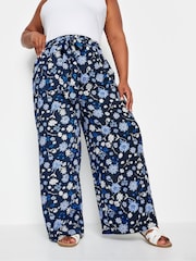 Yours Curve Blue Floral Print Shirred Wide Leg Trousers - Image 1 of 5