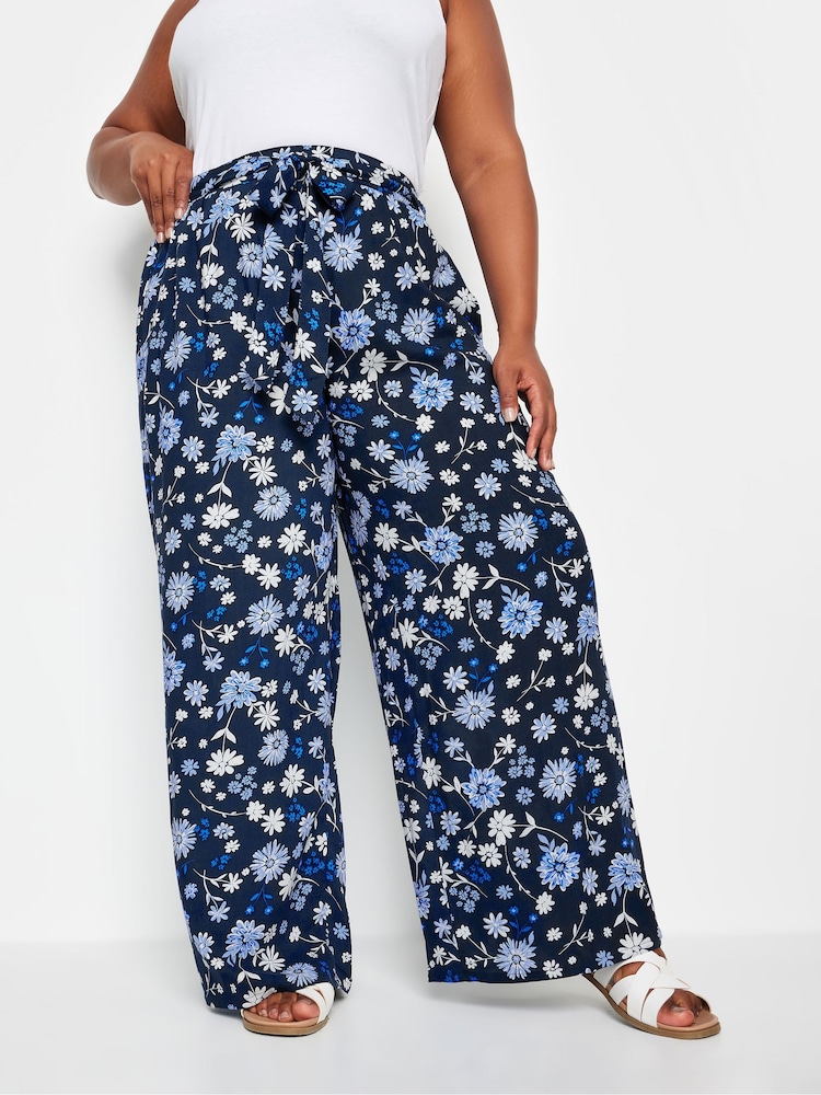 Yours Curve Blue Floral Print Shirred Wide Leg Trousers - Image 1 of 5
