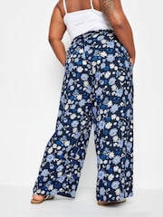 Yours Curve Blue Floral Print Shirred Wide Leg Trousers - Image 2 of 5