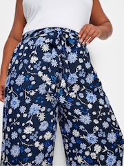 Yours Curve Blue Floral Print Shirred Wide Leg Trousers - Image 3 of 5