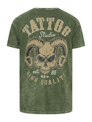 BadRhino Big & Tall Green 100% Cotton Acid Wash Printed T-Shirt - Image 4 of 4