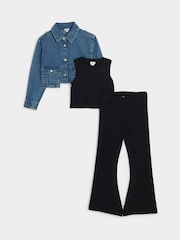 River Island Blue Girls Denim 100% Cotton Crop Boxy Shirt and Flare Set 3 Piece - Image 1 of 4