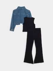 River Island Blue Girls Denim 100% Cotton Crop Boxy Shirt and Flare Set 3 Piece - Image 2 of 4