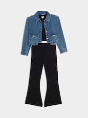 River Island Blue Girls Denim 100% Cotton Crop Boxy Shirt and Flare Set 3 Piece - Image 3 of 4