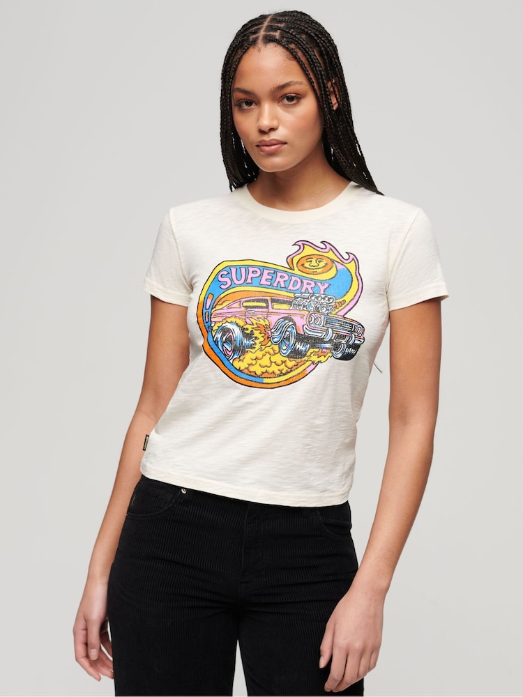 Superdry Cream 100% Cotton Neon Motor Graphic Fitted T-Shirt - Image 1 of 3 Superdry Cream 100% Cotton Neon Motor Graphic Fitted T-Shirt - Image 1 of 3