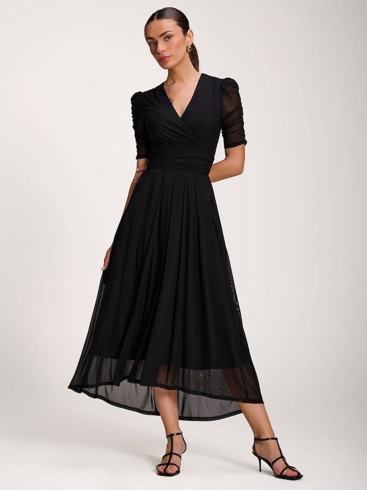 Jolie Moi Black Mesh Ruched Sleeve Maxi Dress - Image 1 of 6 Jolie Moi Black Mesh Ruched Sleeve Maxi Dress - Image 1 of 6