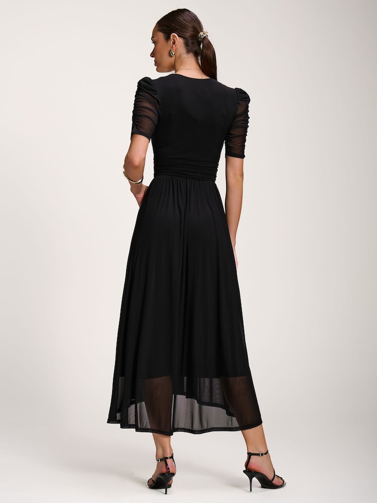 Jolie Moi Black Mesh Ruched Sleeve Maxi Dress - Image 2 of 6 Jolie Moi Black Mesh Ruched Sleeve Maxi Dress - Image 2 of 6